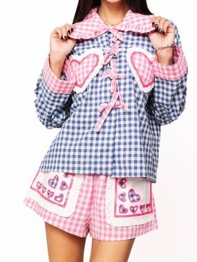 Queen of Sparkles Gingham Heart Blouse and Shorts Set